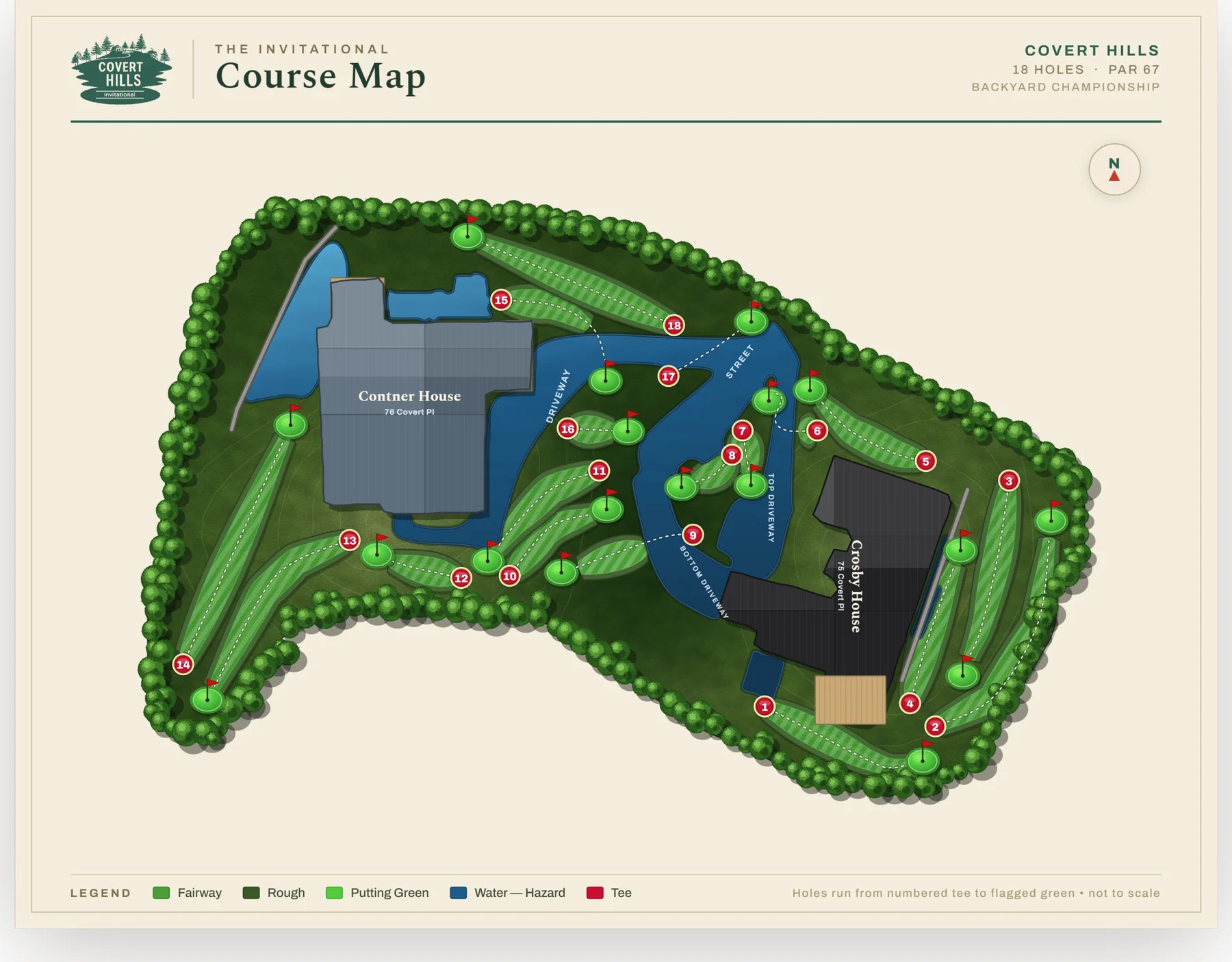 Covert Hills Invitational course map — 18 holes routed across two properties with fairways, greens, water hazards, and both houses rendered in a vintage country-club style